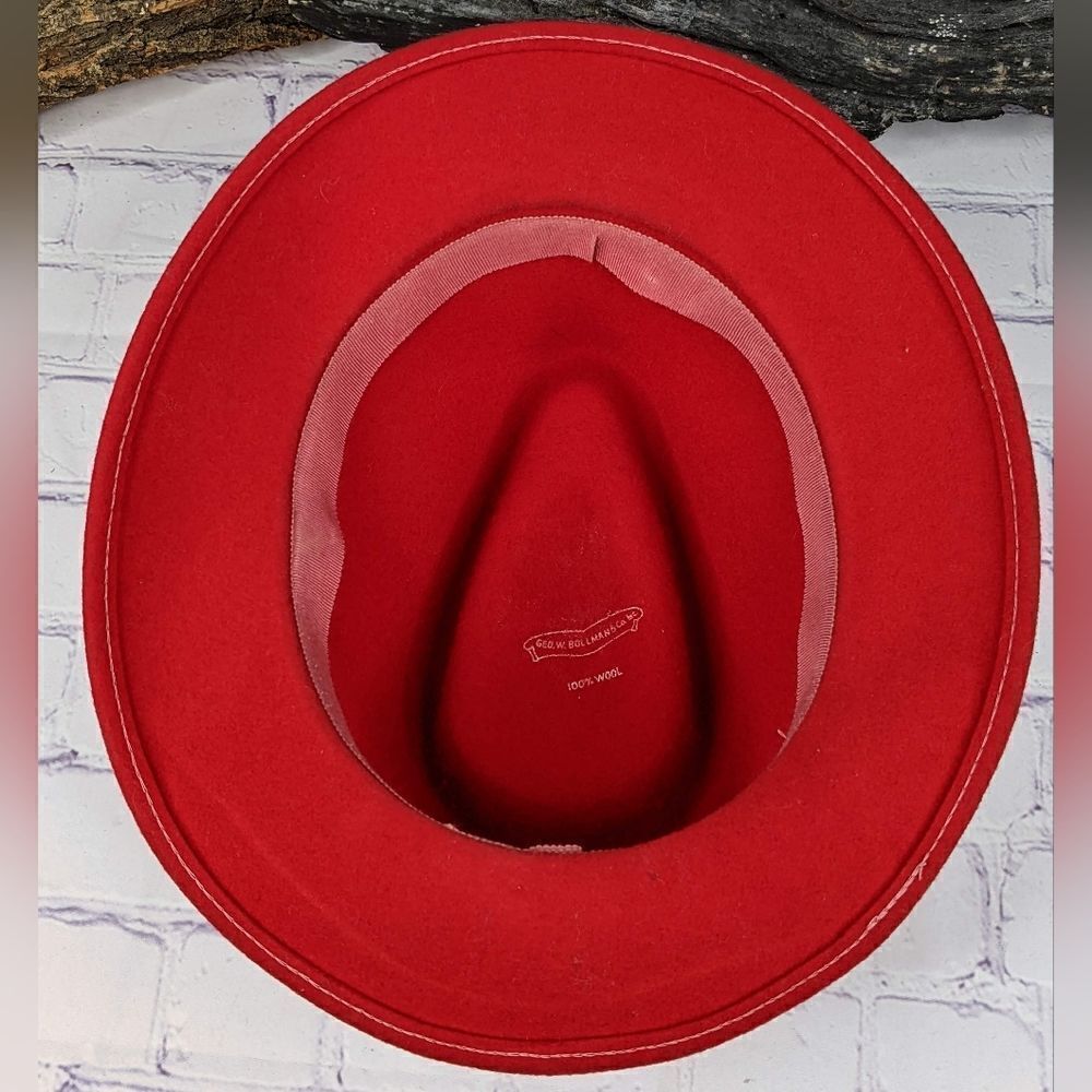 George GEO W Bollman 100% Wool Classic Red Fedora Hat With Feather In Band - Picture 6 of 7